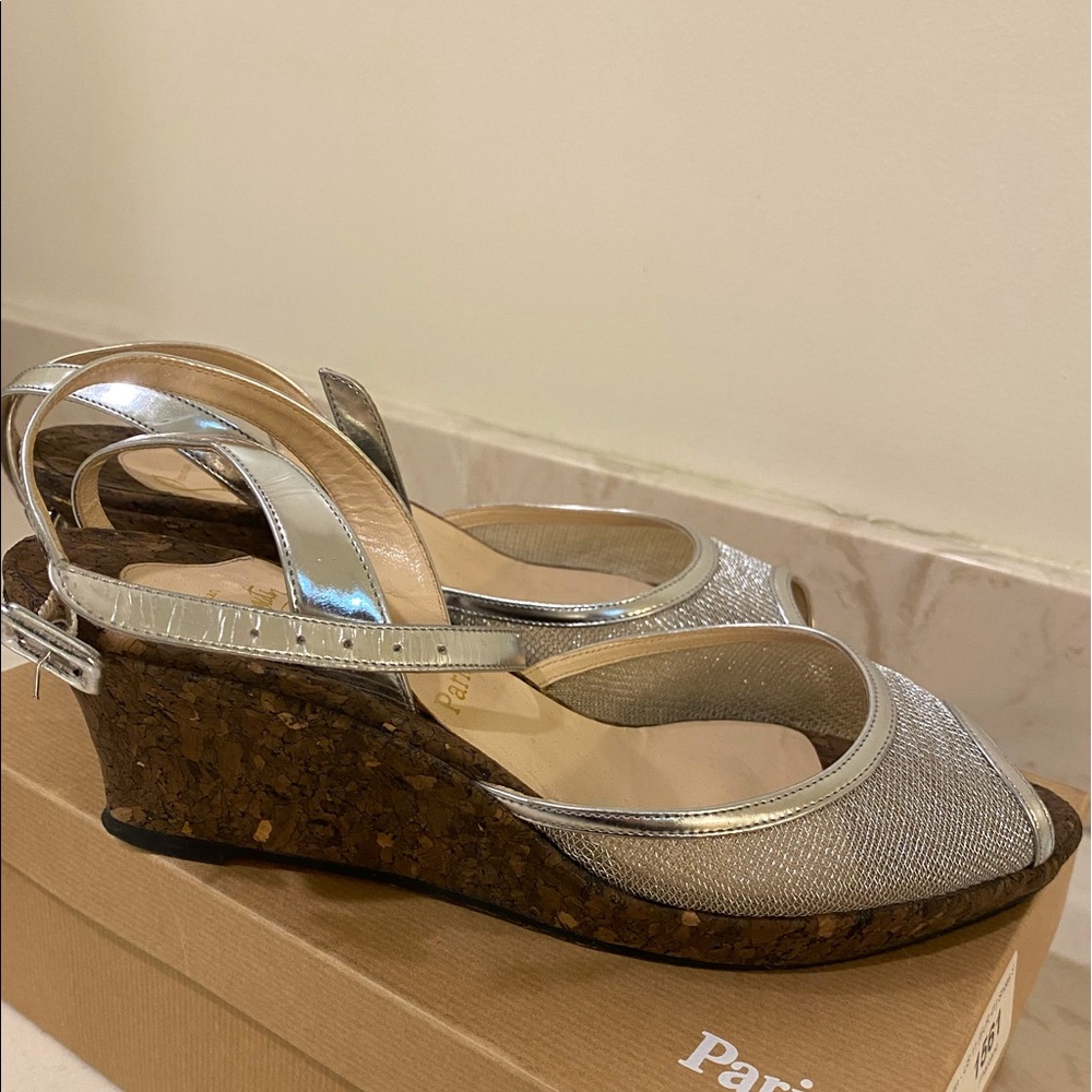 Gorgeous Christian Louboutin Metallic Espadrille Sandal with Cork Platform.